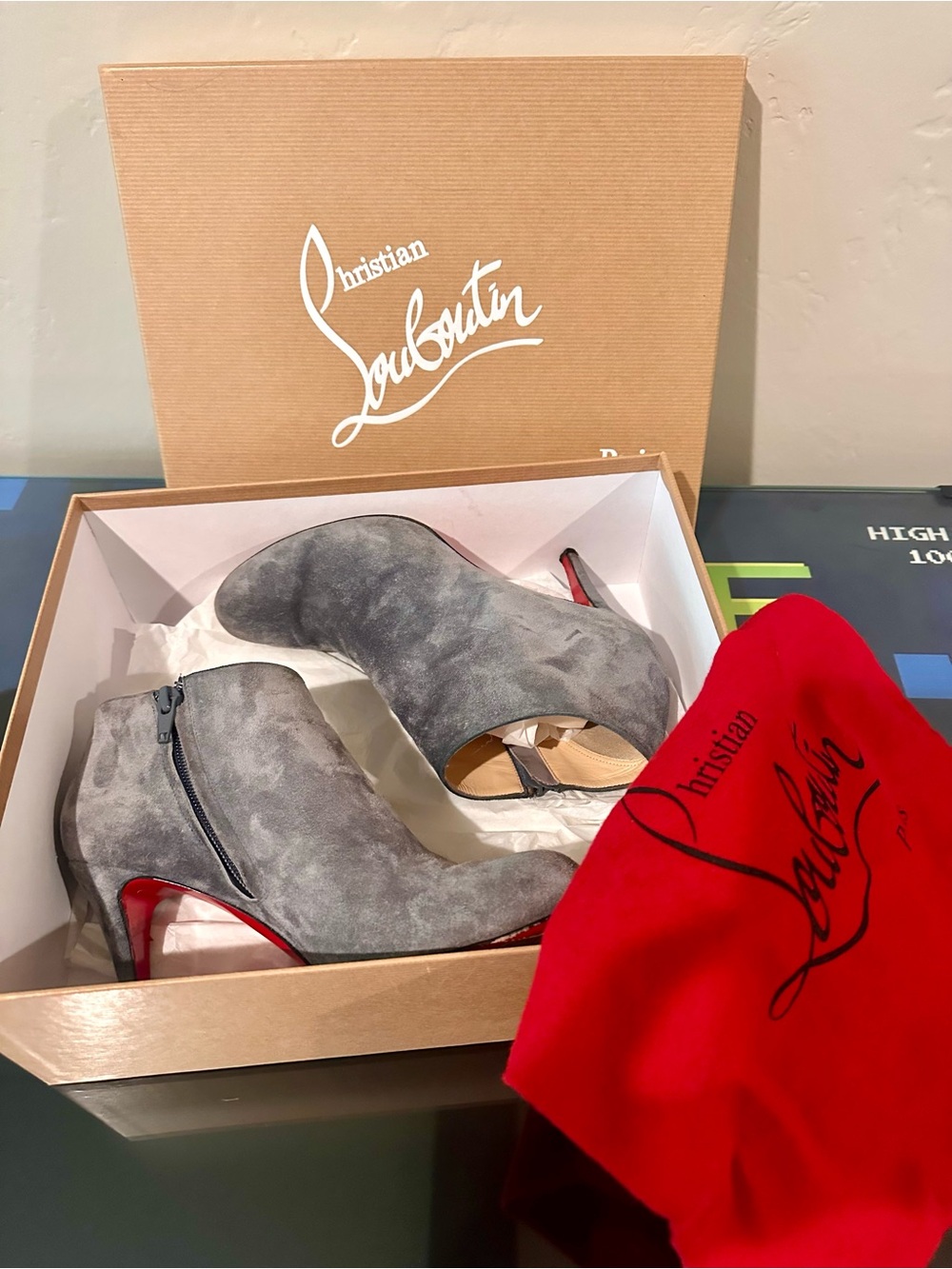 Christian Louboutin Gray Suede Open-Toe Ankle Booties with Red Soles